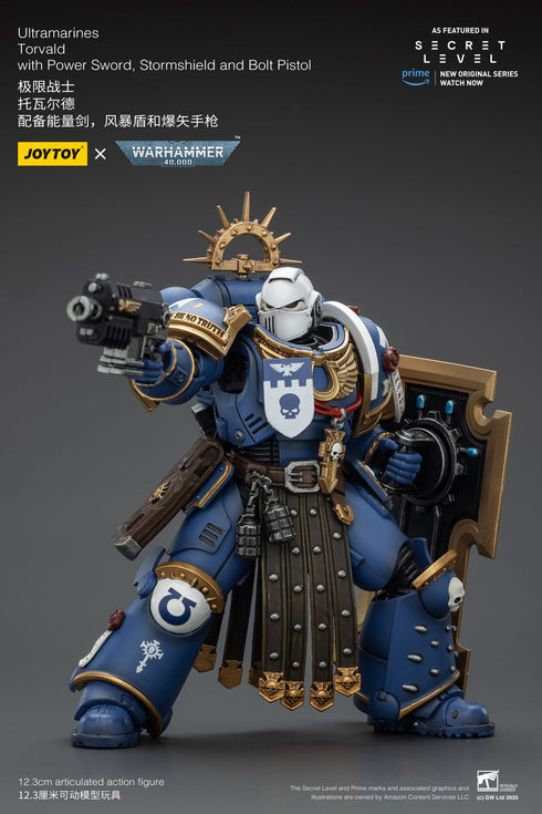 JOYTOY Ultramarines Torvald with Power Sword, Stormshield and Bolt Pistol - Warhammer 40,000 - 1/18 Scale Collectible Figure