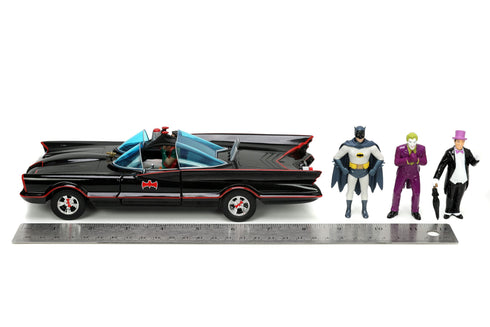 Jada Toys Batman 1966 Batmobile with Batman Robin Penguin and Joker Figures 1/24 Diecast Model