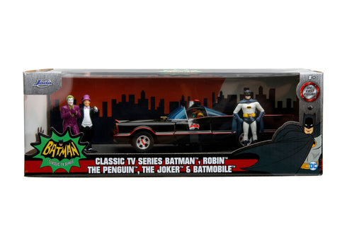 Jada Toys Batman 1966 Batmobile with Batman Robin Penguin and Joker Figures 1/24 Diecast Model