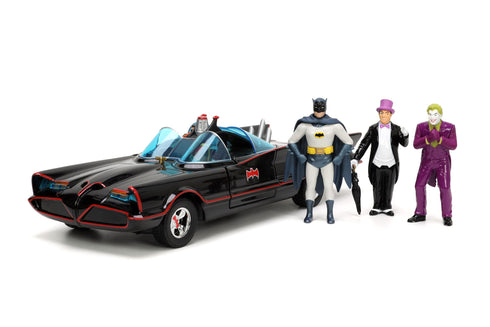 Jada Toys Batman 1966 Batmobile with Batman Robin Penguin and Joker Figures 1/24 Diecast Model