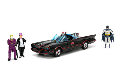 Jada Toys Batman 1966 Batmobile with Batman Robin Penguin and Joker Figures 1/24 Diecast Model