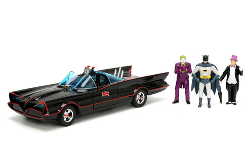 Jada Toys Batman 1966 Batmobile with Batman Robin Penguin and Joker Figures 1/24 Diecast Model