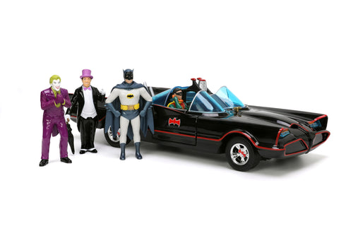 Jada Toys Batman 1966 Batmobile with Batman Robin Penguin and Joker Figures 1/24 Diecast Model